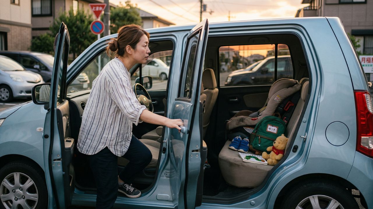 子供の車内放置事故を防ぐため、降車時に必ず後部座席を確認する習慣をイメージした写真。