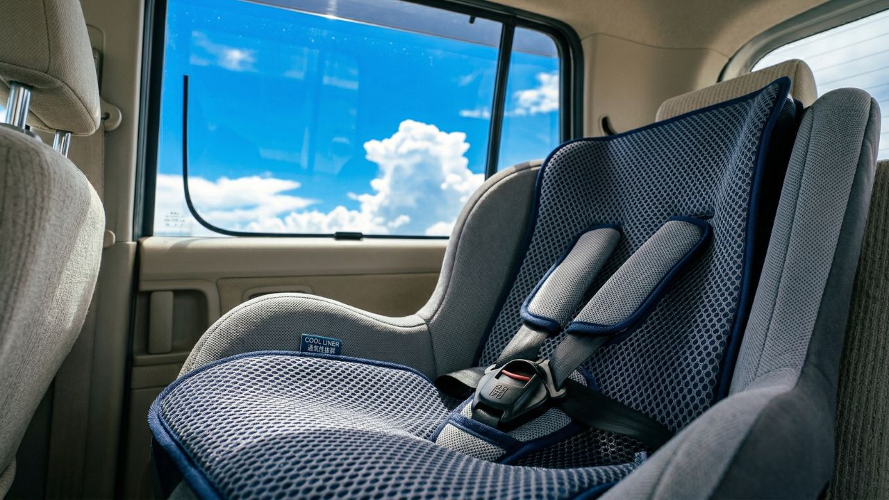 蒸れを防ぐクールシートを装着したチャイルドシートのディテール写真。