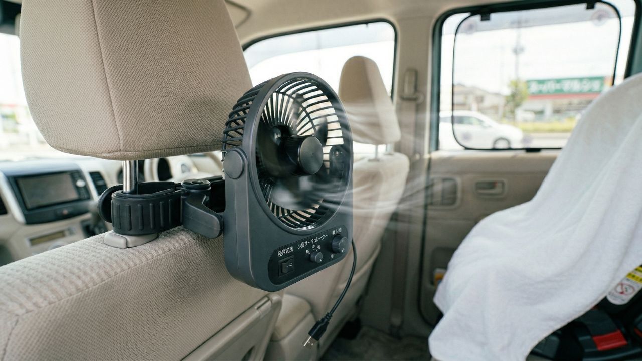 軽自動車の後部座席へ涼しい風を送る、車載用サーキュレーターの設置写真
