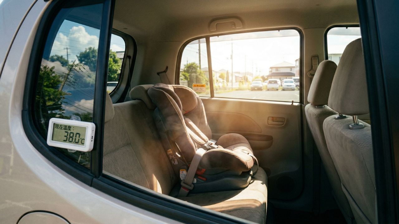真夏の強烈な日差しが差し込み、高温になった軽自動車の後部座席とチャイルドシート。