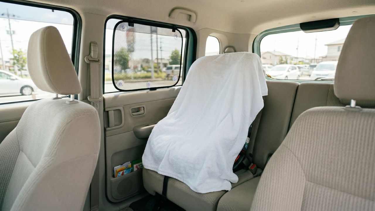 駐車中にサンシェードと白いバスタオルで熱を防いでいるチャイルドシートの様子。