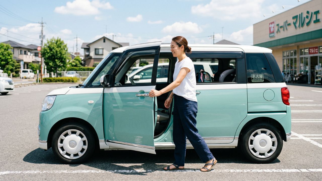 ドアを開閉して車内の熱気を逃がす「ドアパタパタ術」を実践しているリアルな光景。