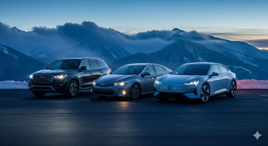 冬景色の中にガソリン車、ハイブリッド車、EV が並んで駐車されており、ヒーターをつけっぱなしにすると、車種ごとに特有のリスクが生じることを示しています。