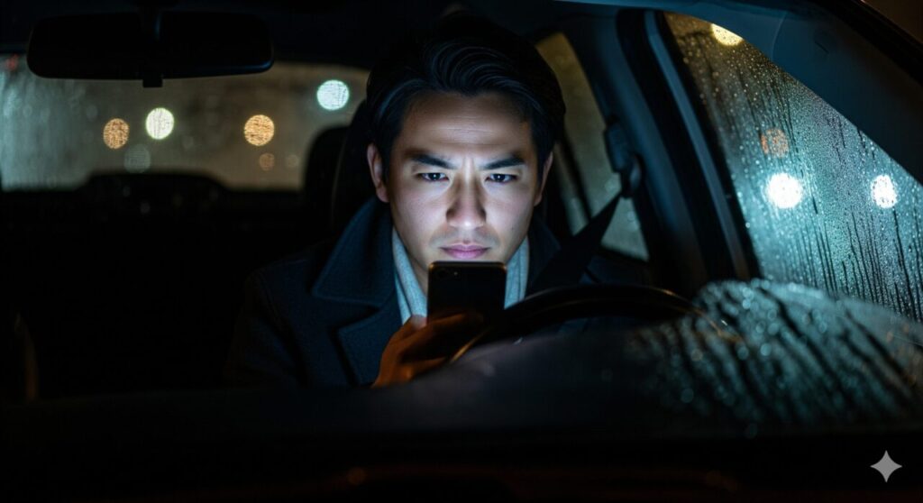 夜、寒い車内にいる人が、スマートフォンで車中泊用ヒーターの安全性を調べ、よくある質問への答えを探しています。