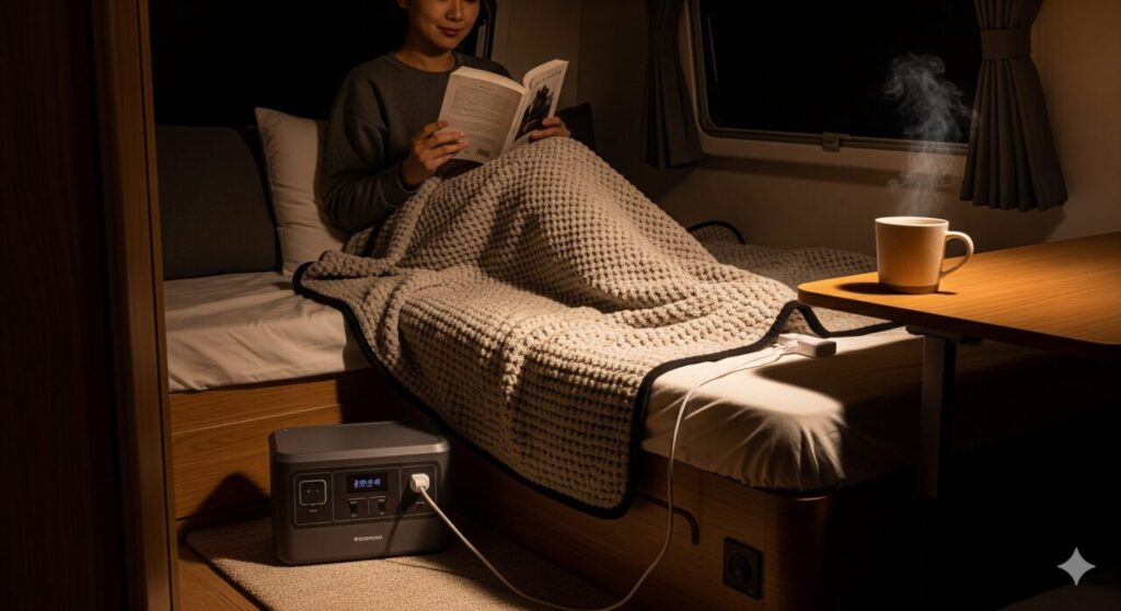 車のヒーターをつけっぱなしにするよりも安全な方法として、ポータブル電源で電力を供給した電気毛布をバンの中で快適に使用している人。