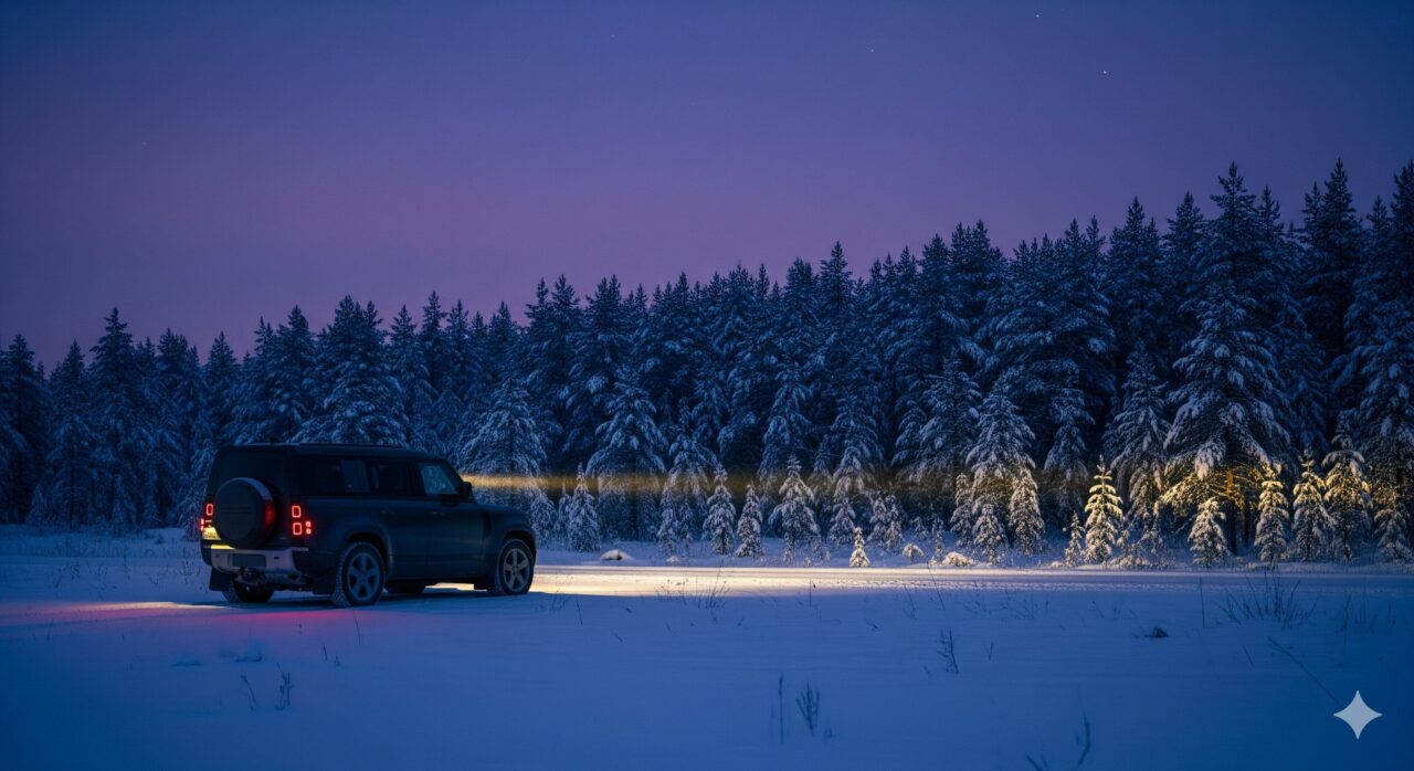 夕暮れ時、寒々しい雪景色の中に駐車された一台の車。暖かい車内の光が、冬の車中泊で暖房をつけっぱなしにすることの潜在的な危険性と対比されている。