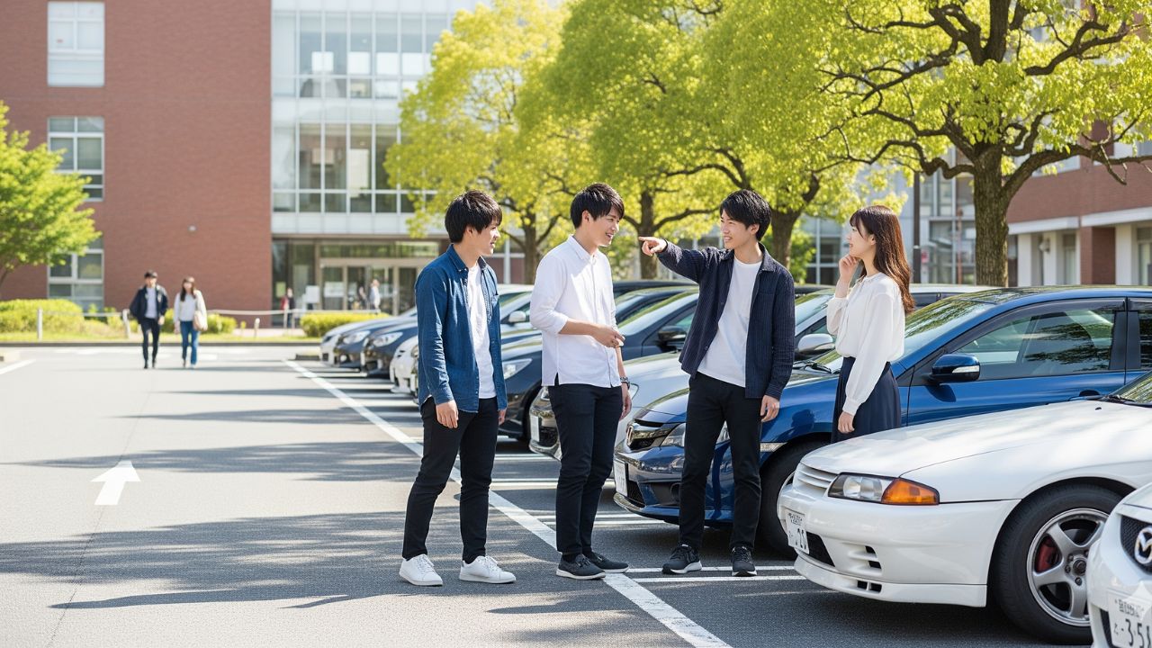 大学のキャンパス駐車場に停められた車と、それを見て会話する大学生たち