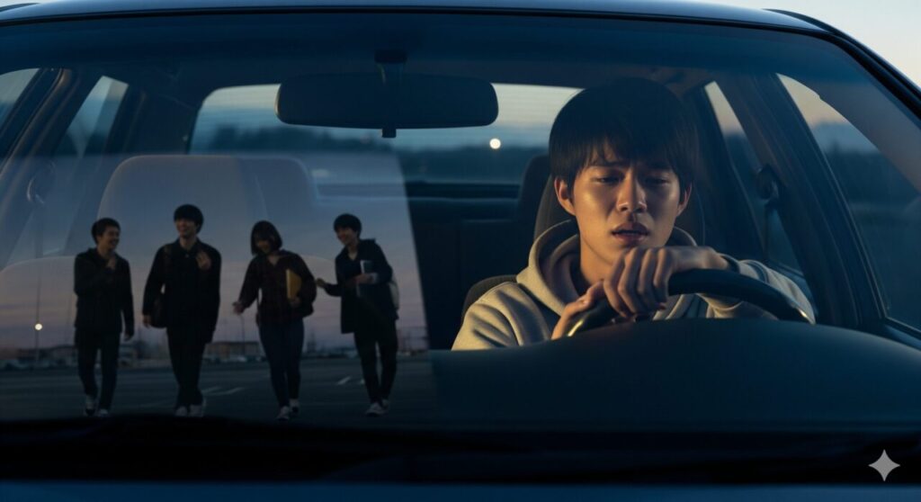 夕暮れの駐車場で一人、車内で物思いにふける大学生。大学生が車を持つと甘えと言われる理由を象徴する画像。
