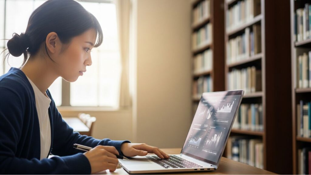 ノートパソコンで自動車保険の比較サイトを見る大学生。大学生と車に関するよくある質問について情報収集しているイメージ。