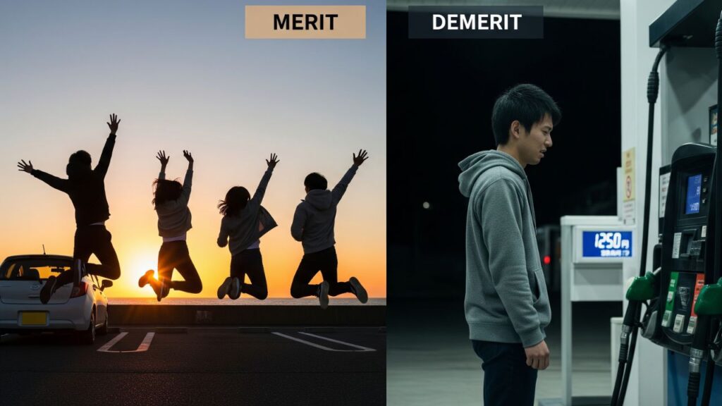 大学生が車で友人と楽しむ様子と、ガソリン代に悩む様子の比較画像。大学生が車を持つメリットとデメリットを表現。

