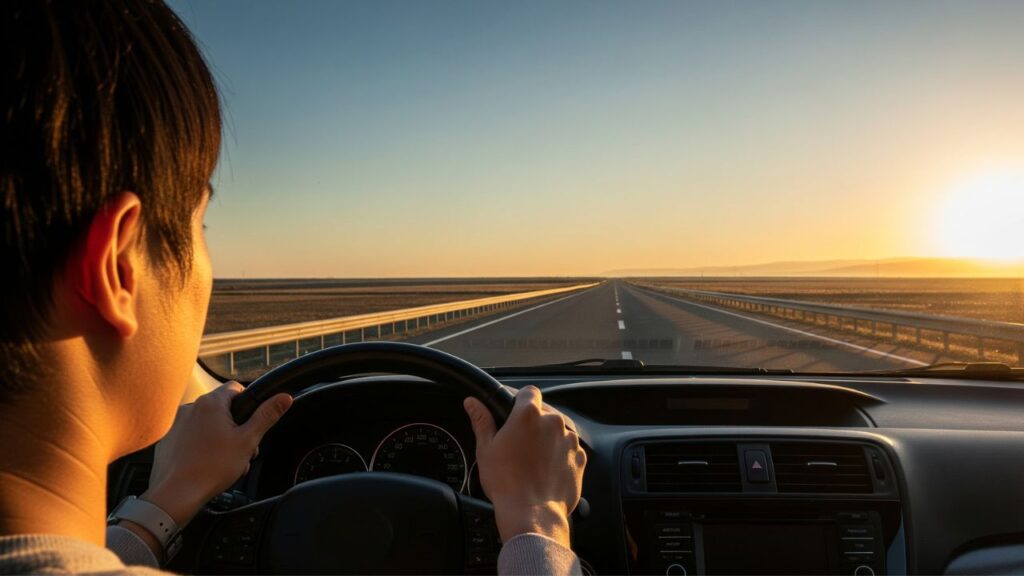 朝日が昇るまっすぐな道を、ハンドルをしっかりと握って運転するドライバーからの視点。大学生が車を通じて責任感を学び、未来へ進むイメージ。