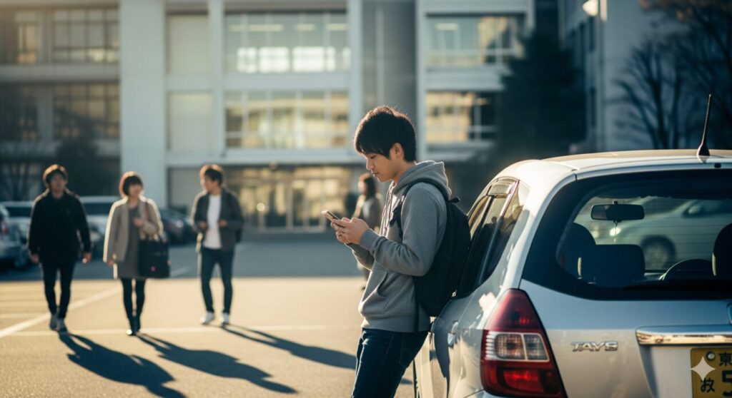 大学の駐車場で自分の車の横に立ち、スマートフォンを見る大学生。大学生の車所持率について考察するイメージ。