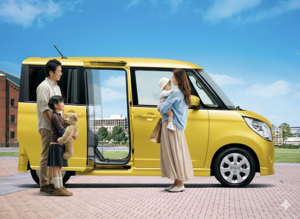 alt="スライドドアが開いた黄色の軽自動車から乗り降りする子連れの家族"

