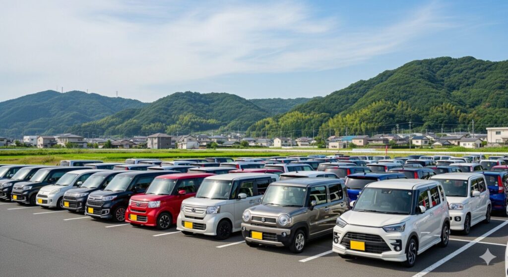 Honda N-BOX, Suzuki Hustler, and Toyota Raize neatly lined up in a suburban Japanese parking lot
