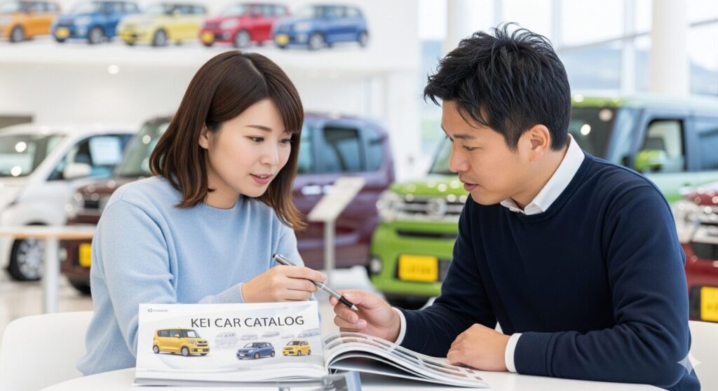 Japanese couple discussing while checking a kei car catalog inside a dealership showroom
