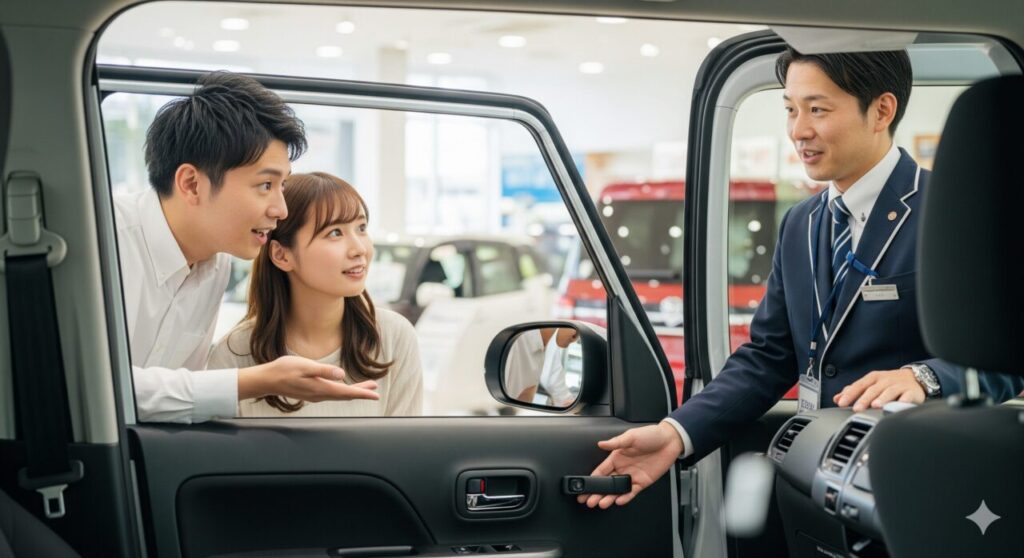 Young Japanese couple asking questions to a car salesman about kei car power sliding door functions at a dealership
