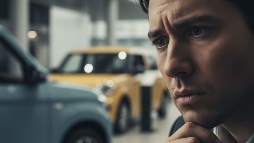軽自動車の値札を見て心配そうな表情の人物