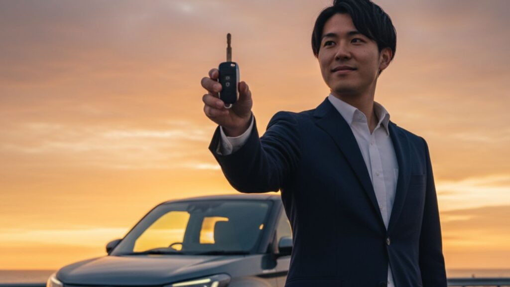 夕日を背景に車のキーを持ち自信に満ちた表情の人物