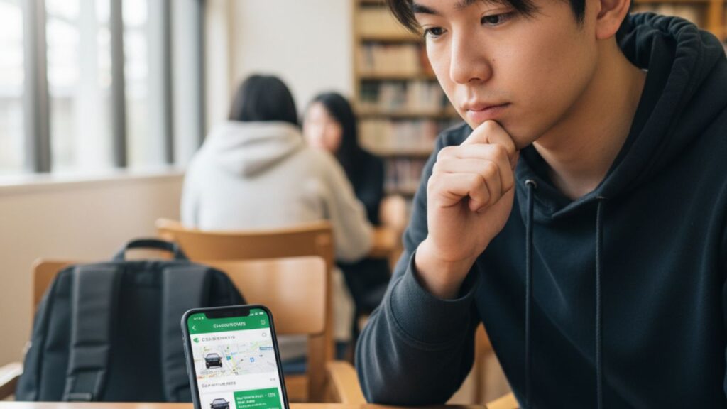 車の持ち方を考える大学生
