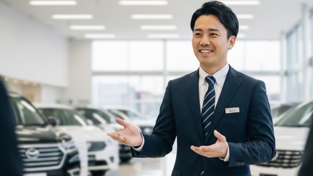 車のセールスマンが自信を持って説明