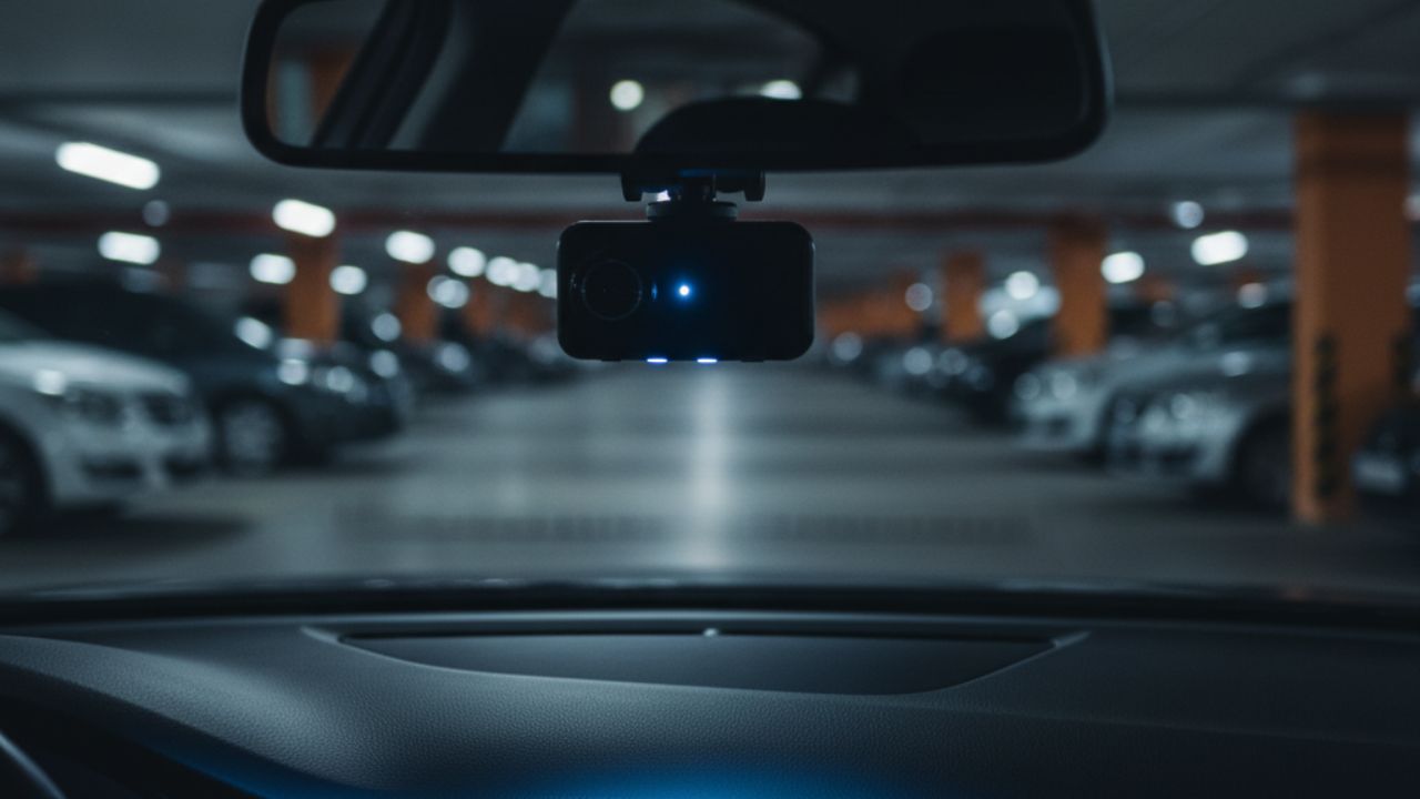 青く光る駐車監視ドラレコが夜間の車を見守る様子