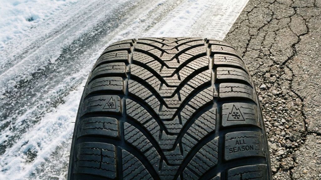 オールシーズンタイヤの特徴的なトレッドパターンとスノーフレークマークのアップ画像。雪道と乾燥路の両方に対応できる利便性と、過信してはいけない性能のバランスを表現したイメージ。