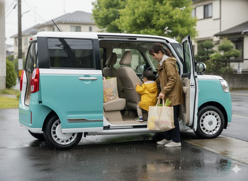 雨の日に両側スライドドアが便利な軽自動車の生活シーン
