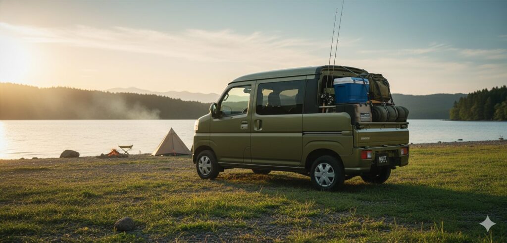趣味のアウトドア道具を積んだデッキバン