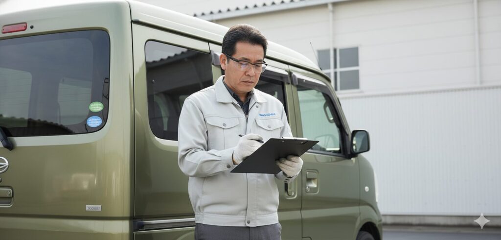 デッキバンの横でチェックリストを確認する人