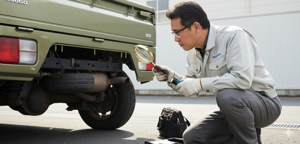 中古デッキバンの下回りをチェックする人