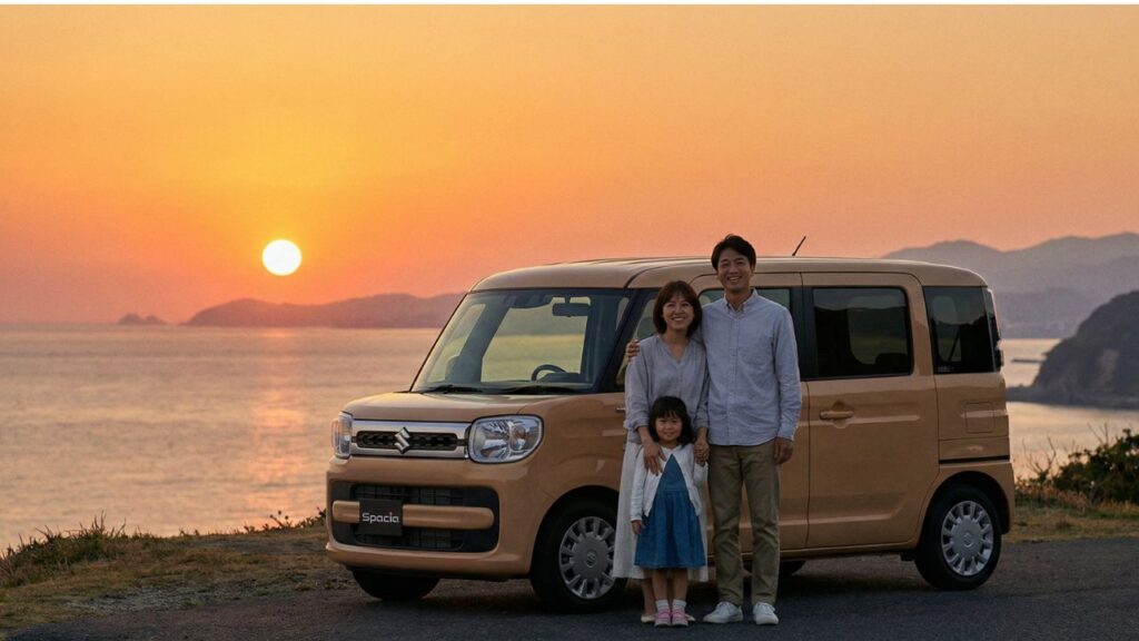 夕暮れの景色の良い場所で軽ハイトワゴンの横に立ち、笑顔を見せる親子3人の家族。