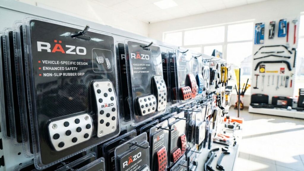 カー用品店で車種専用設計の安全なペダルカバーやRAZO製の高品質なペダルを選んでいる様子。パッケージや製品のアップ。