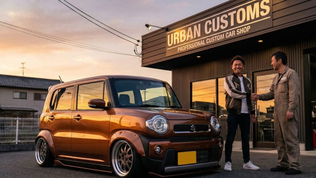 カスタムショップの前でローダウンが完了し、オーナーと整備士が満足げに握手するハスラーの写真。