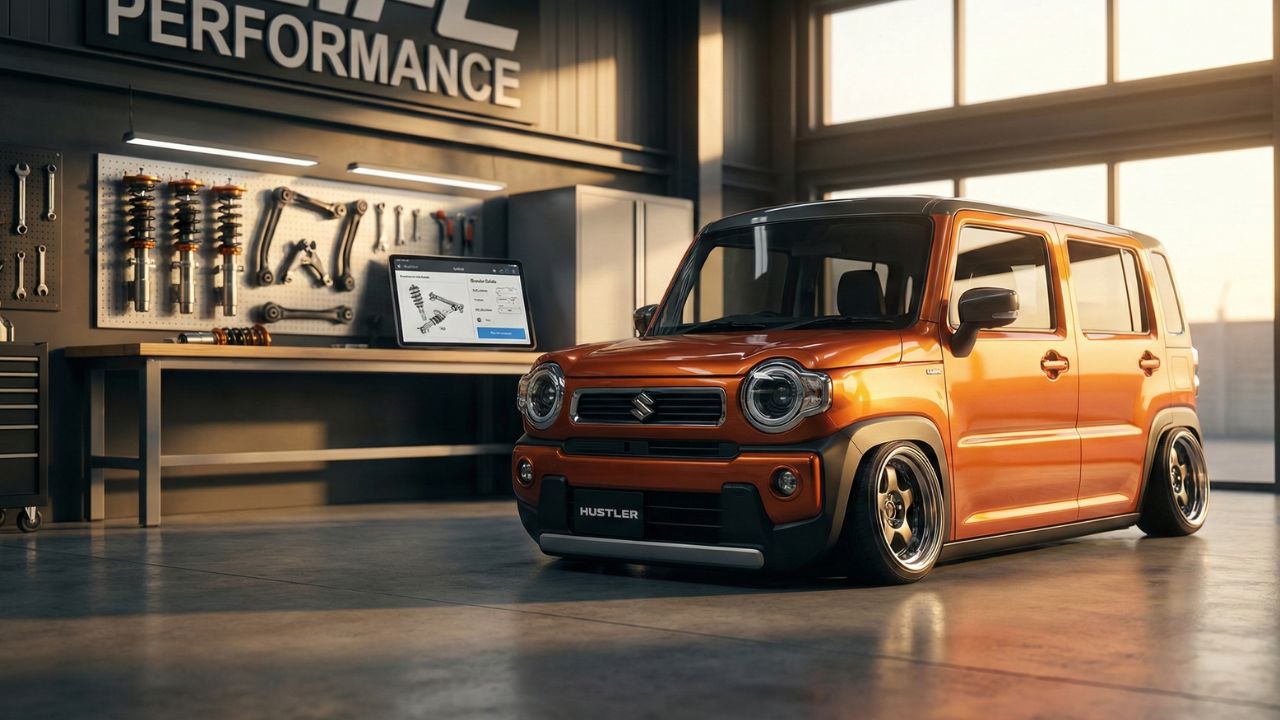 シャコタン化されたハスラーのガイド記事用アイキャッチ写真。ローダウン、費用、車検を解説。