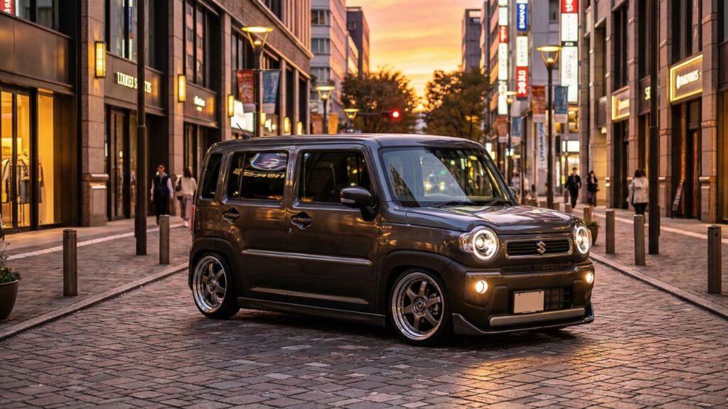 夕暮れの街に佇むローダウンカスタムされたハスラーの美しい写真。都会的で洗練されたスタイル。