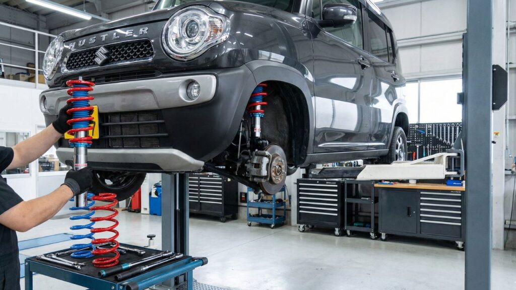 整備工場でハスラーに車高調キットを取り付けている作業風景の写真。足回りのパーツが鮮明。