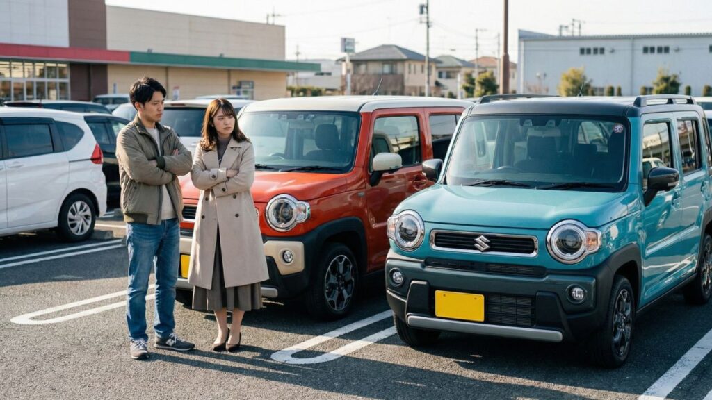 ハスラーの実車を前に腕組みをして真剣に悩みながら購入を検討している日本人カップルと、背景のクロスオーバーSUV。