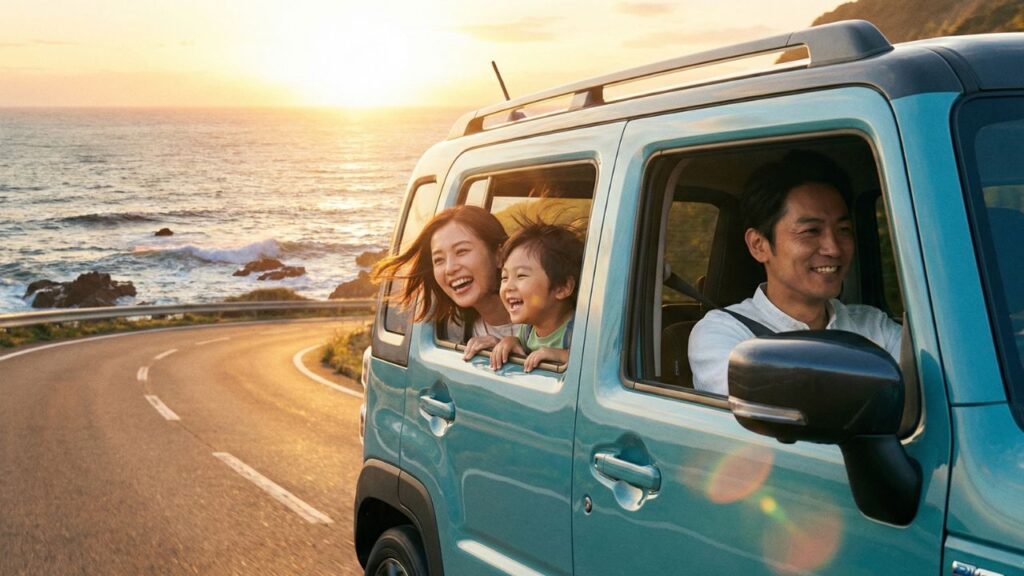夕暮れ時の海岸沿いの道を、愛車のSUVでドライブしている笑顔の日本人家族。ハスラーとの楽しい生活をイメージ。
