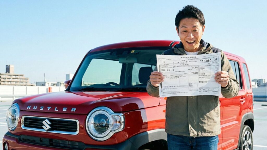 愛車の査定額を見て驚きと喜びの表情を浮かべる日本人男性と、背景にあるピカピカのSUV車。資産価値の高さを表現。