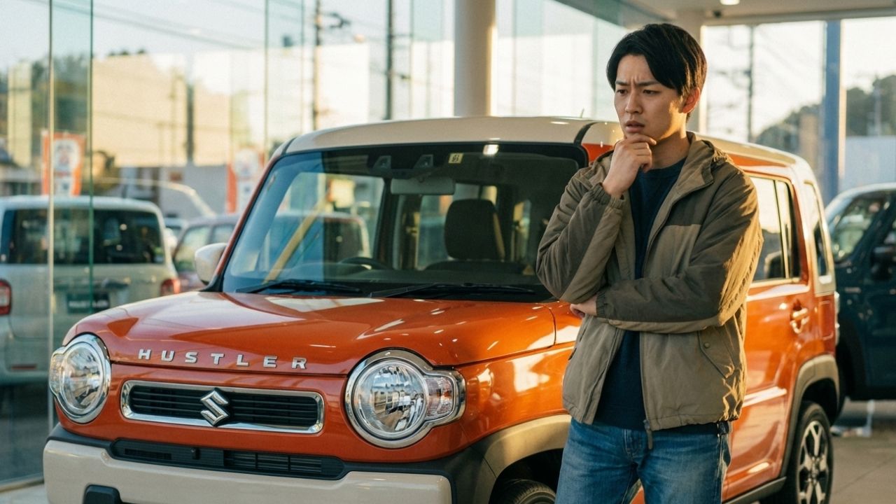 ハスラーの前で腕組みをして購入を迷っている日本人男性。後悔しないための検証記事アイキャッチ。