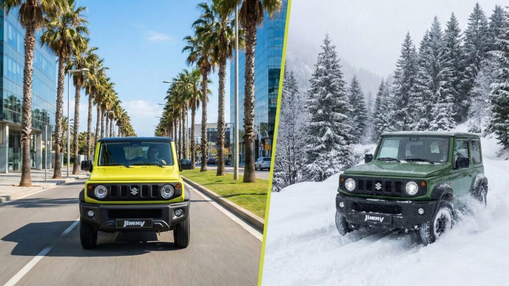 晴れた都会のドライ路面を走るシーンと、雪深い山道を走るシーンを対比させたジムニーの画像。住んでいる地域や車の使用目的によって、最適なタイヤ選びが異なることを表現したまとめのイメージ。