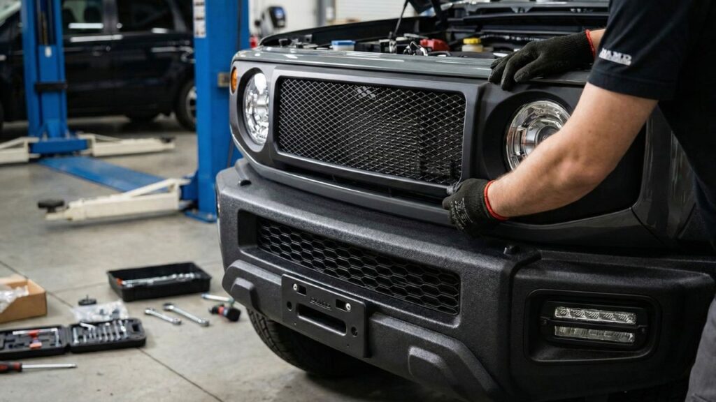 プロの整備士が取り付ける高品質なジムニー用ゲレンデ仕様カスタムパーツ。ダムドのリトルGなど細部までこだわったグリルの質感と取り付け作業の様子。