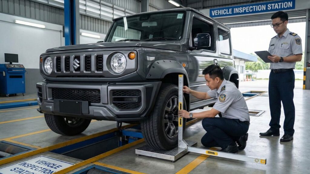 車検場で検査を受けるジムニーゲレンデ仕様車。構造変更やオーバーフェンダーの基準など、車検に通るためのチェックポイントを厳格に確認している整備風景。