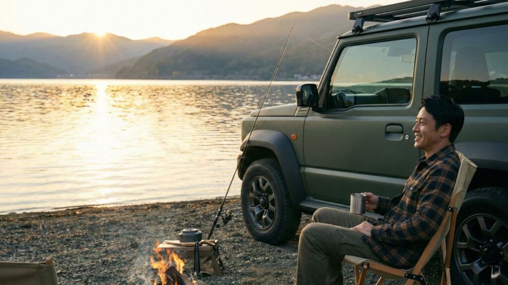 夕暮れの湖畔でキャンプを楽しむオーナーとジムニーゲレンデ仕様。大人の遊び心を満たす、カスタムカーのある豊かなライフスタイルと所有する喜びを表現。