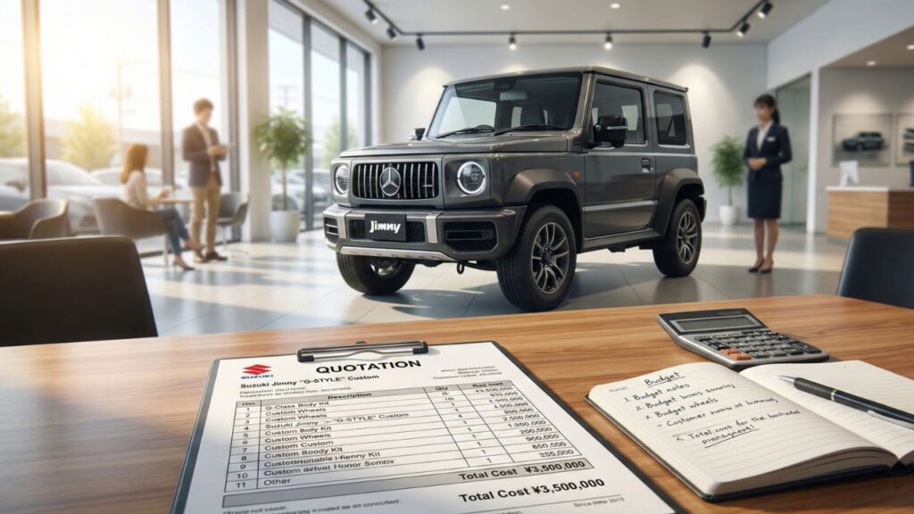 ショールームでジムニーゲレンデ仕様の見積もりを確認する様子。新車コンプリートカーの購入やフルカスタムにかかる費用総額をイメージさせる商談風景。