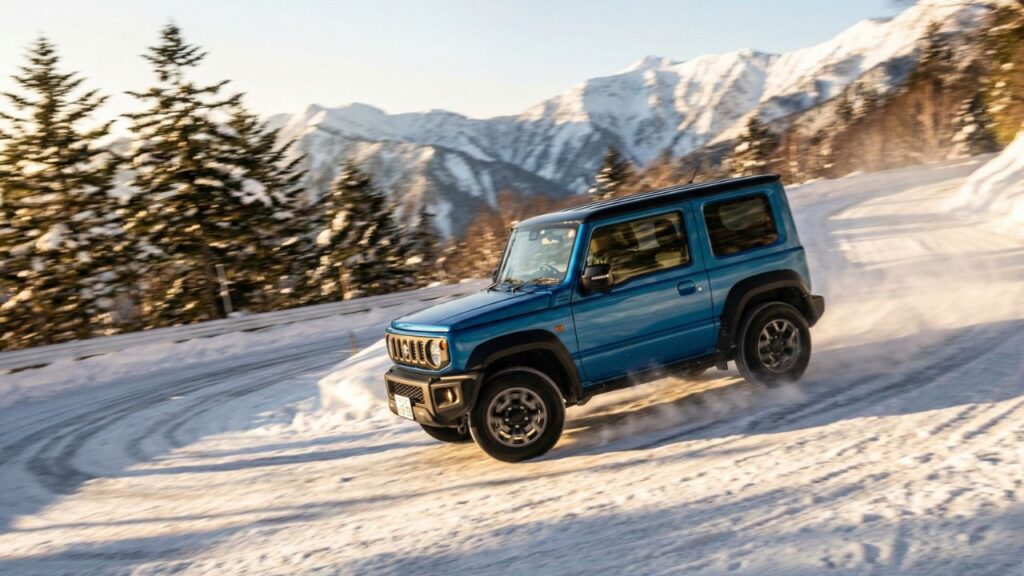 雪道のカーブでスリップして制御不能になりかけているスズキ・ジムニーの様子。4WD性能を過信してノーマルタイヤで雪道を走行することの危険性と、事故のリスクを強調したドラマチックなイメージ画像。