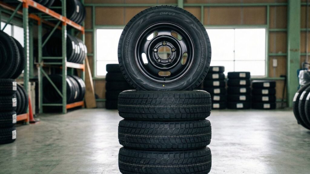 ジムニー用のスタッドレスタイヤとホイールの4本セットが整然と並べられている様子。通販サイトで安く購入できるお得なセット品や、コストパフォーマンスの高い賢い買い物を想起させる商品イメージ。