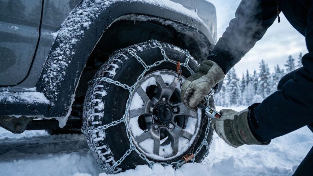 雪が積もった道でジムニーのタイヤにチェーンを装着している手元のアップ。スタッドレスタイヤを購入しない選択をした場合の、緊急時の必須アイテムとしてのタイヤチェーン利用を表現した画像。