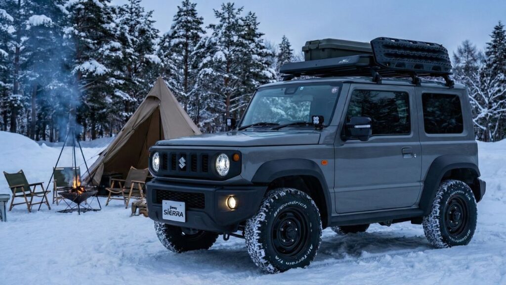 雪原のアウトドアシーンに映える、無骨なホイールとスタッドレスタイヤを装着したカスタムジムニー。冬の実用性とデザイン性を両立させた、こだわりのあるジムニーライフスタイルを表現した画像。