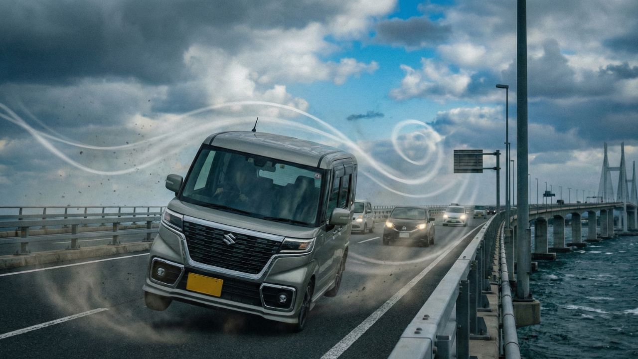 「横風に揺れる軽ハイトワゴンが高速道路を走る様子を描いた不安を表す画像」